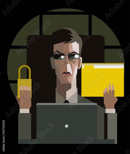 evil ransomware hacker with lock and files data folder