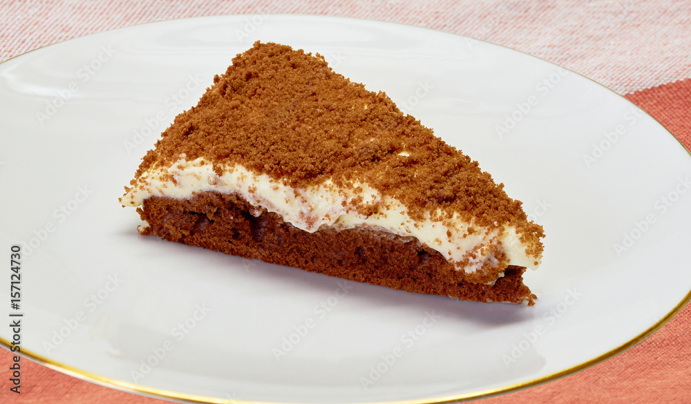 Delicious chocolate cake on plate on table on ckground. Delicious chocolate cake on plate on table on ckground.