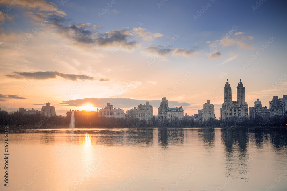 West side Manhattan's skyline as seen from Central Park's Onassis Reservoir