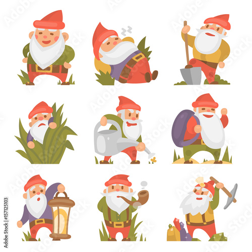 Fairy tale fantastic gnome dwarf elf character poses magical leprechaun cute fairy tale man vector illustration