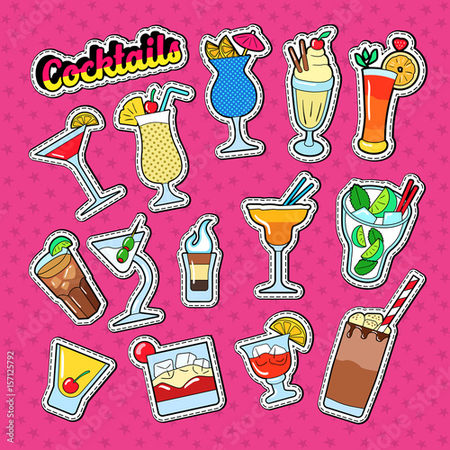 Cocktails Doodle with Different Beverages. Stickers, Badges and Patches with Drinks. Vector illustration