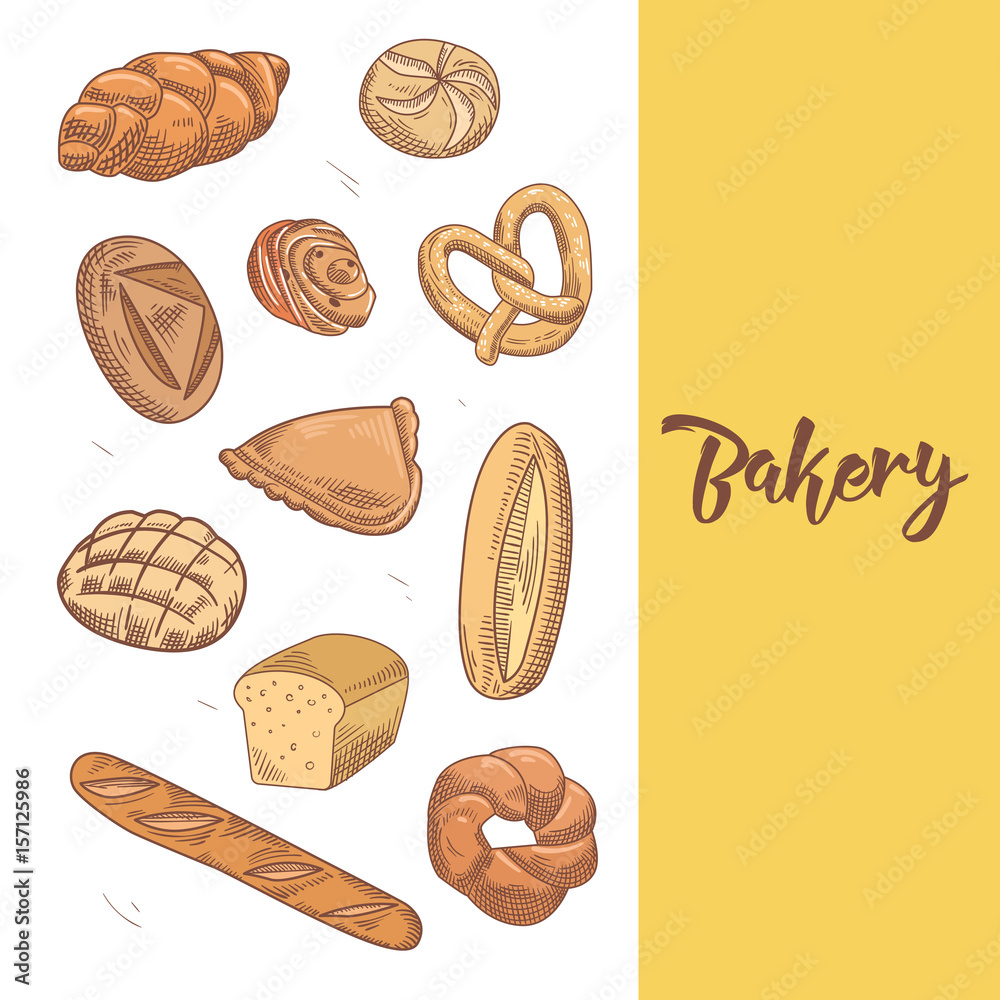 Fresh Bread. Hand Drawn Bakery Design with Loaf and Buns. Vector illustration Fresh Bread. Hand Drawn Bakery Design with Loaf and Buns. Vector illustration