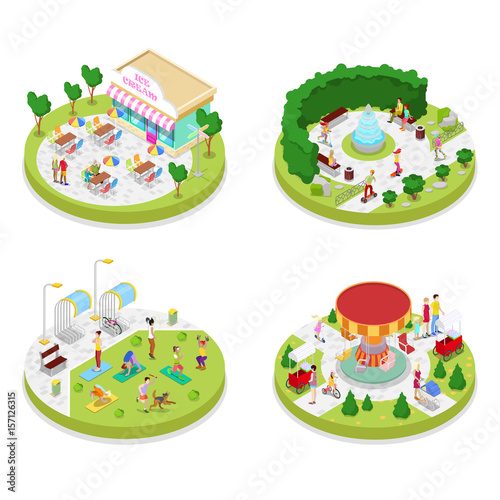 Isometric City Park Composition with Walking People and Cafe. Outdoor Activity. Vector flat 3d illustration