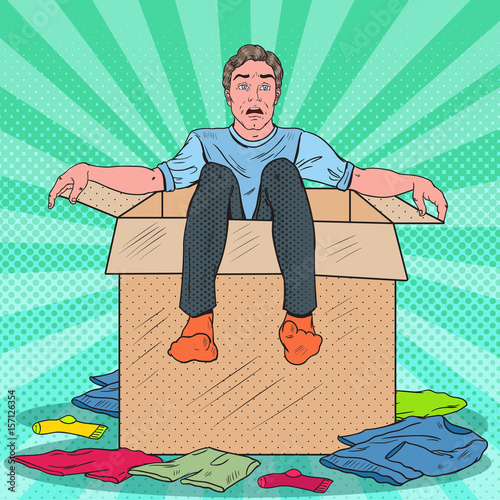 Pop Art Stressed Man in the Box with Clothes. Guy Moving with the  Boxes to new House. Vector illustration