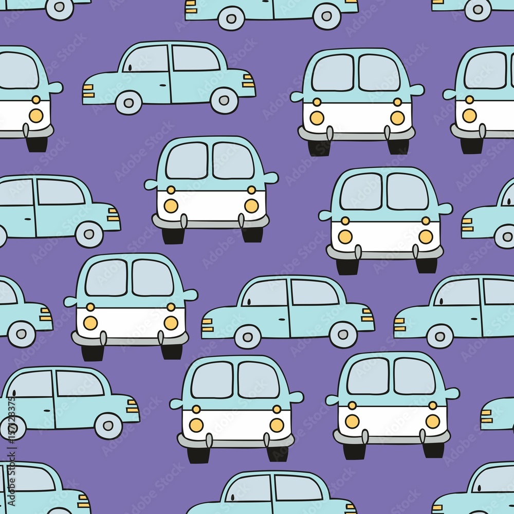 Children's seamless pattern with cars on a purple background. Vector pattern for the design of children's clothing