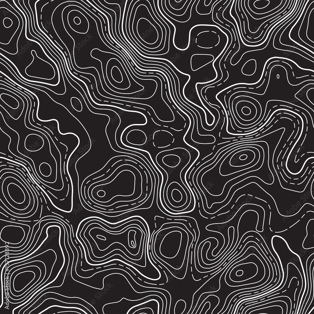 Seamless pattern. Fictional topo contour map design. Vector. Geography concept. Abstract wavy graphic backdrop. Cartography and topology. Line topographic contour map background. Black and white. Seamless pattern. Fictional topo contour map design. Vector. Geography concept. Abstract wavy graphic backdrop. Cartography and topology. Line topographic contour map background. Black and white.