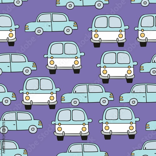 Children s seamless pattern with cars on a purple background. Vector pattern for the design of children s clothing
