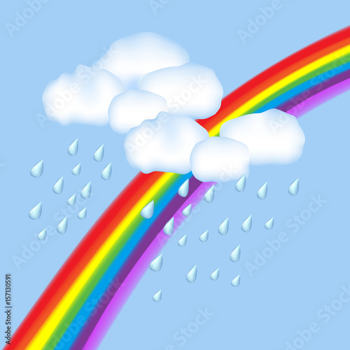 Cloud with raindrops and a rainbow on a blue background