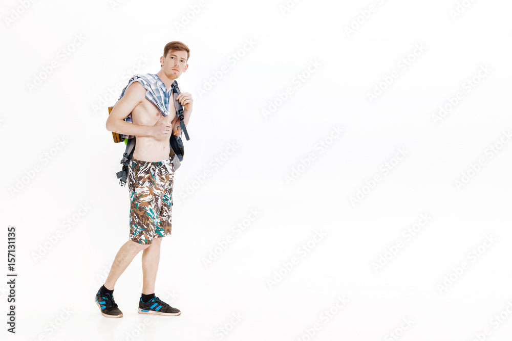 Young hiker with backpack on white background Young hiker with backpack on white background