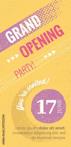 Grand opening vertical banner. Abstract geometric  shapes and grunge trendy background. Event invitation design.Vector Illustration