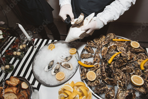 Mussels in shells on ice in a white sauce with lemon In the hands of the cook. Close-up in white plate on a background. photo