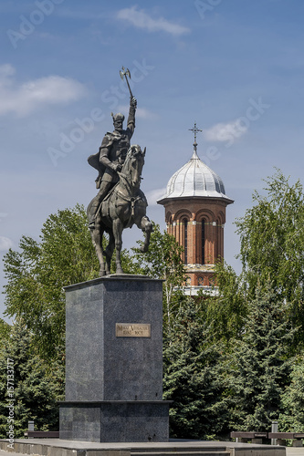 Equestrian statue of Mihai Viteazul, Michael the Brave, Craiova, Romania, on a sunny day photo