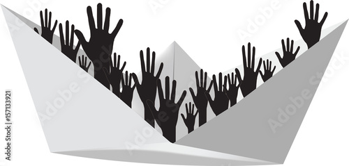 mani di persone su imbarcazione di carta simbolo immigrazione