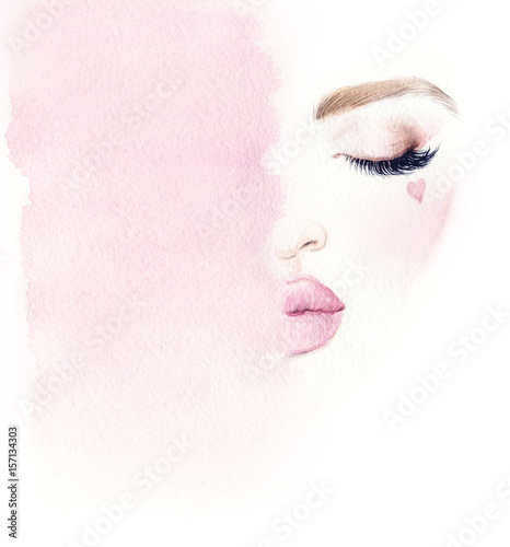 Make up. Woman face and place for text. Fashion illustration. Watercolor painting