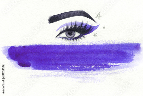 Make up. Woman eye and place for text. Fashion illustration. Watercolor painting
