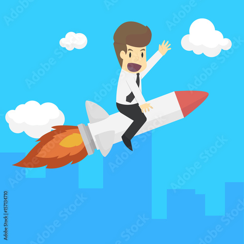 A business man rocket ride is the vehicle  flying high