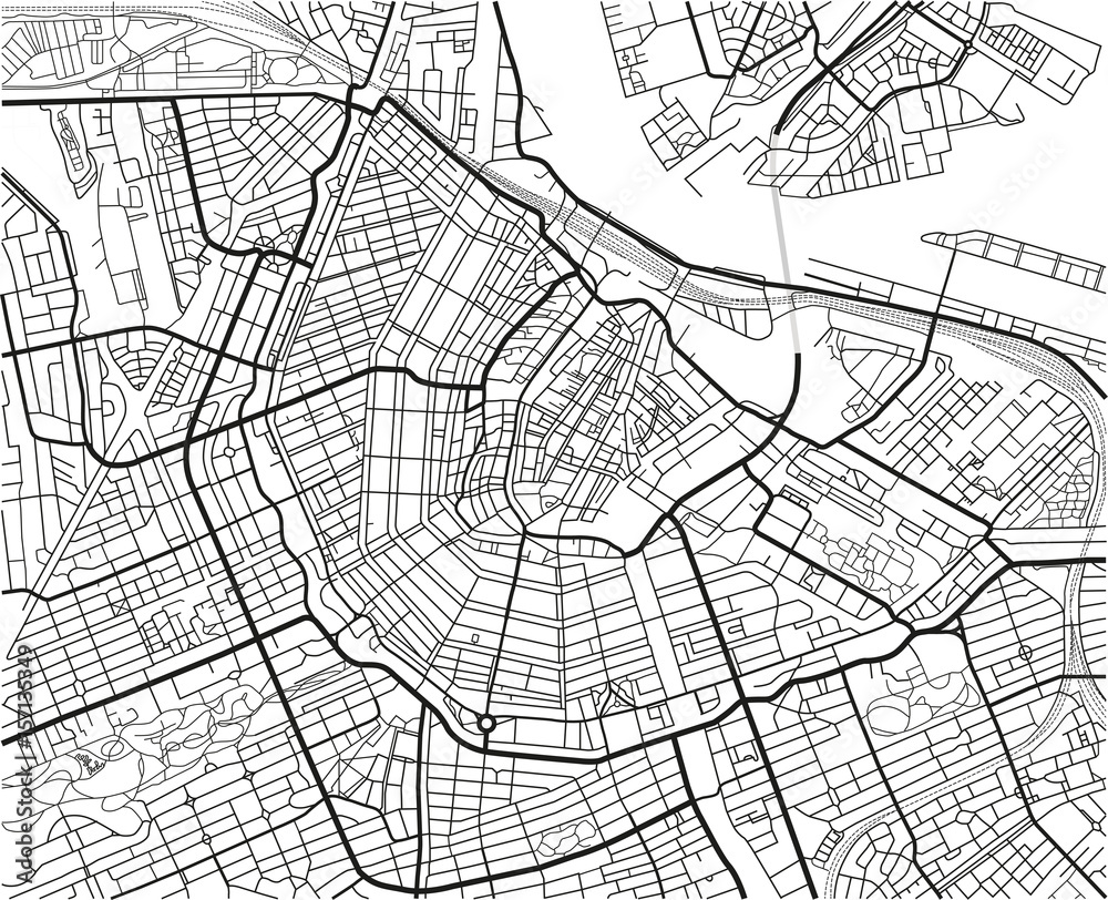 Fototapeta premium Czarno-biała wektorowa mapa miasta Amsterdamu z dobrze zorganizowanymi oddzielnymi warstwami.