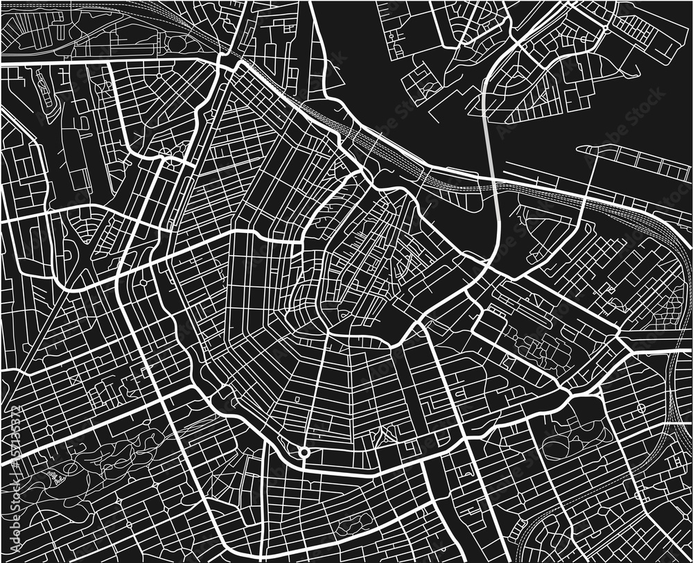 Fototapeta premium Czarno-biała mapa miasta Amsterdamu z dobrze zorganizowane oddzielne warstwy.