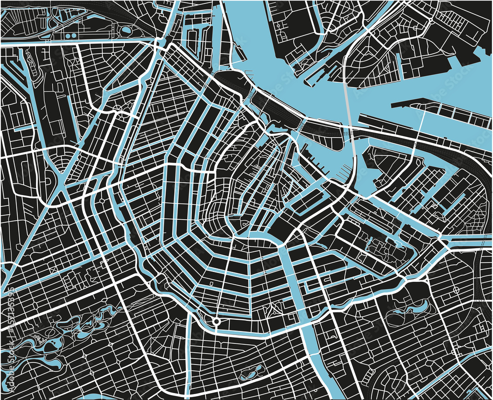 Fototapeta premium Czarno-biała wektorowa mapa miasta Amsterdamu z dobrze zorganizowanymi oddzielnymi warstwami.
