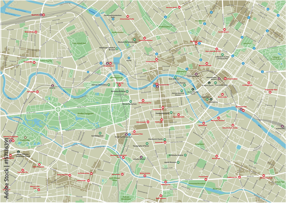 Fototapeta premium Mapa miasta Berlin z dobrze zorganizowanymi oddzielnymi warstwami.
