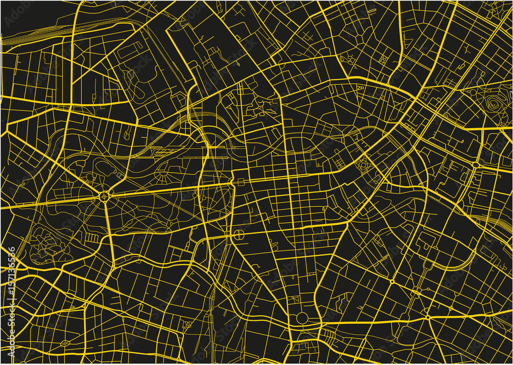 Fototapeta premium Czarno-żółta wektorowa mapa miasta Berlina z dobrze zorganizowanymi oddzielnymi warstwami.