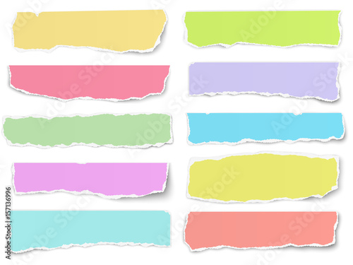 Set of elongated torn color paper fragments isolated on white