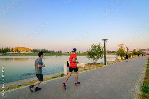 THAILAND,KHONKAEN-Feb 16, 2017: people are running at the lake before sunset