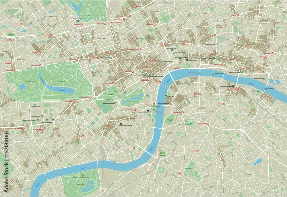Fototapeta premium Wektorowa mapa miasta Londynu z dobrze zorganizowanymi oddzielnymi warstwami.