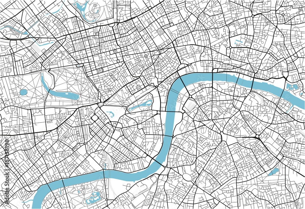 Fototapeta premium Czarno-biała mapa miasta Londynu z dobrze zorganizowane oddzielne warstwy.