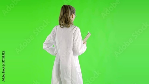 caucasian woman greenscreen cut out labcoat scientist