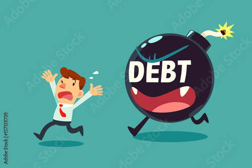 businessman run away from debt monster time bomb