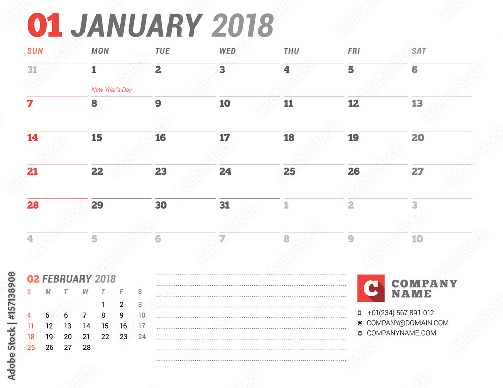 Calendar Template for 2018 Year. January. Business Planner Template. Stationery Design. Week starts on Sunday. 2 Months on the Page. Vector Illustration Calendar Template for 2018 Year. January. Business Planner Template. Stationery Design. Week starts on Sunday. 2 Months on the Page. Vector Illustration