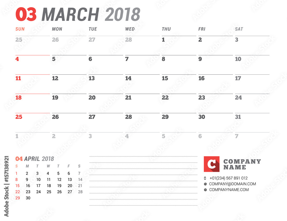 Calendar Template for 2018 Year. March. Business Planner Template. Stationery Design. Week starts on Sunday. 2 Months on the Page. Vector Illustration Calendar Template for 2018 Year. March. Business Planner Template. Stationery Design. Week starts on Sunday. 2 Months on the Page. Vector Illustration