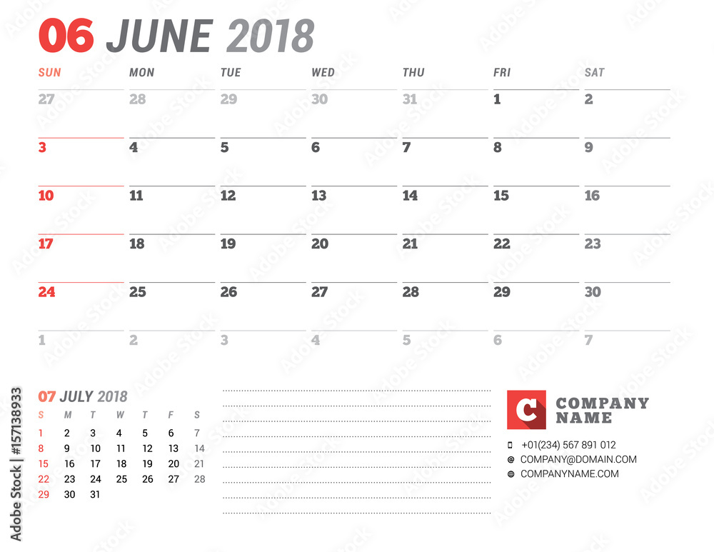 Calendar Template for 2018 Year. June. Business Planner Template. Stationery Design. Week starts on Sunday. 2 Months on the Page. Vector Illustration Calendar Template for 2018 Year. June. Business Planner Template. Stationery Design. Week starts on Sunday. 2 Months on the Page. Vector Illustration