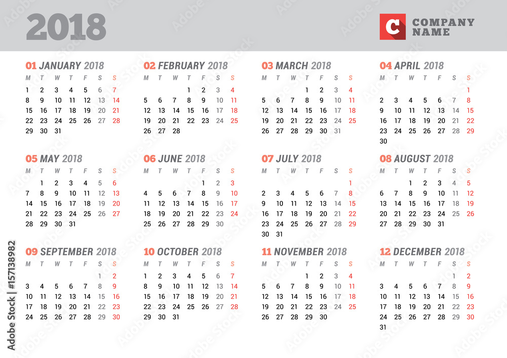 Calendar Template for 2018 Year. Stationery Design. Week starts on Monday. 12 Months on the Page. Vector Illustration Calendar Template for 2018 Year. Stationery Design. Week starts on Monday. 12 Months on the Page. Vector Illustration