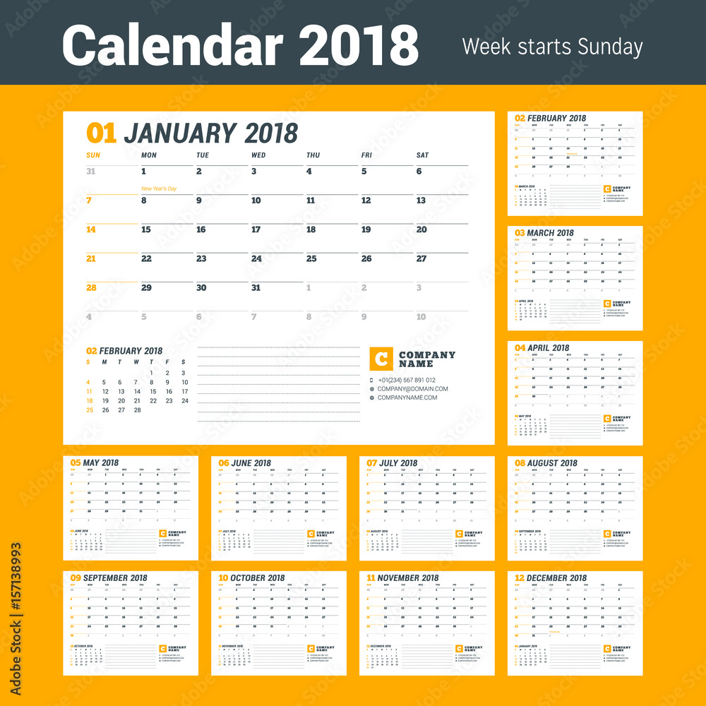 Calendar Template for 2018 Year. Business Planner Template. Stationery Design. Week starts on Sunday. Set of 12 Months. Vector Illustration Calendar Template for 2018 Year. Business Planner Template. Stationery Design. Week starts on Sunday. Set of 12 Months. Vector Illustration