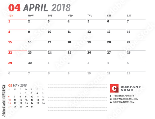 Calendar Template for 2018 Year. April. Business Planner Template. Stationery Design. Week starts on Sunday. 2 Months on the Page. Vector Illustration