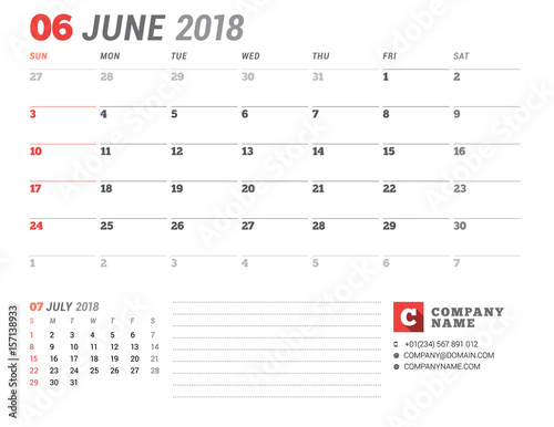 Calendar Template for 2018 Year. June. Business Planner Template. Stationery Design. Week starts on Sunday. 2 Months on the Page. Vector Illustration