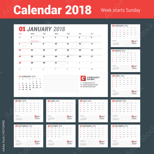 Calendar Template for 2018 Year. Business Planner Template. Stationery Design. Week starts on Sunday. Set of 12 Months. Vector Illustration