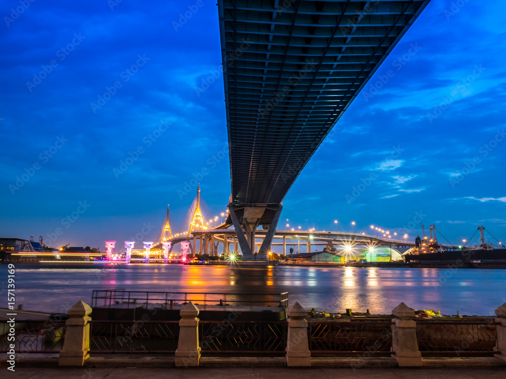 Night view of the Bhumibol Bridge, Bhumibol Bridge  Under Twilight, Bangkok, Thailand