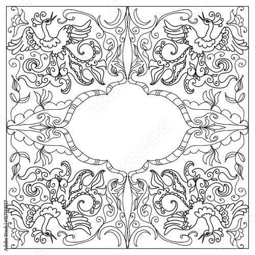 Decorative Coloring page frame with fantasy bird black on white
