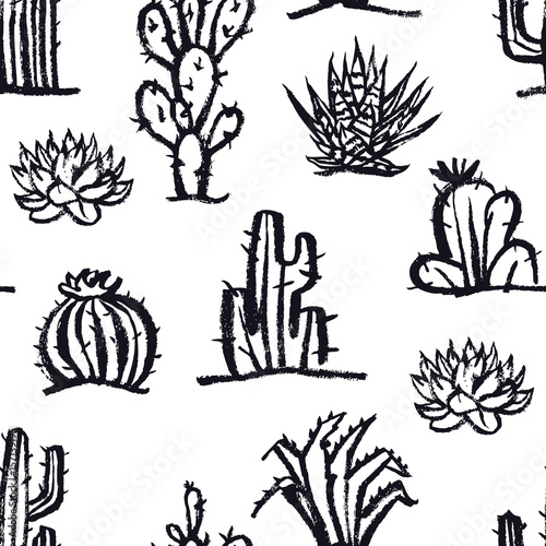 Cactus seamless Desert floral Black color pattern Vector
