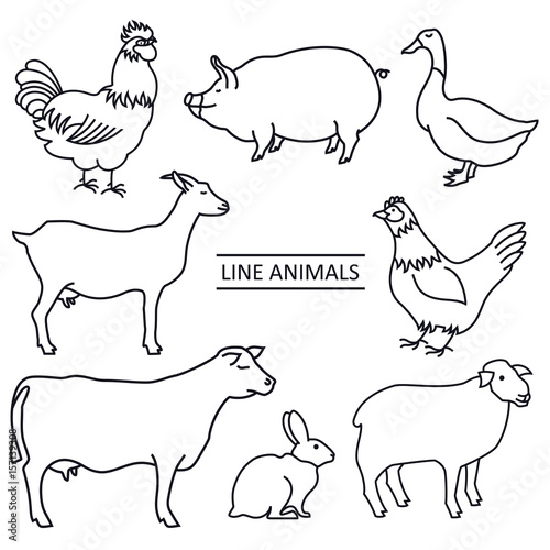 Line Farm animals Set of 8 vector isolated objects