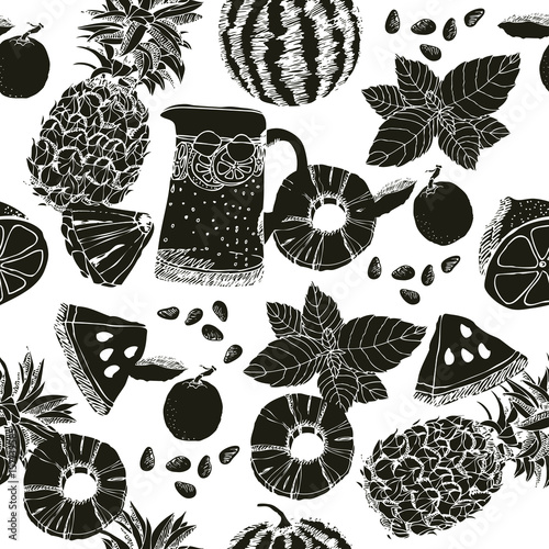 Seamless pattern Pineapples and Watermelons Hand drawing style Vector