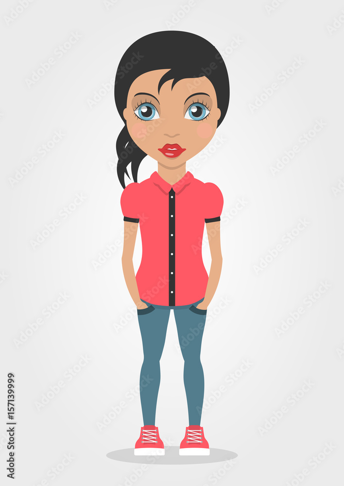Standing vector girl in blouse, jeans and shoes isolated on white background. Woman figure template for your illustration. Character design Standing vector girl in blouse, jeans and shoes isolated on white background. Woman figure template for your illustration. Character design