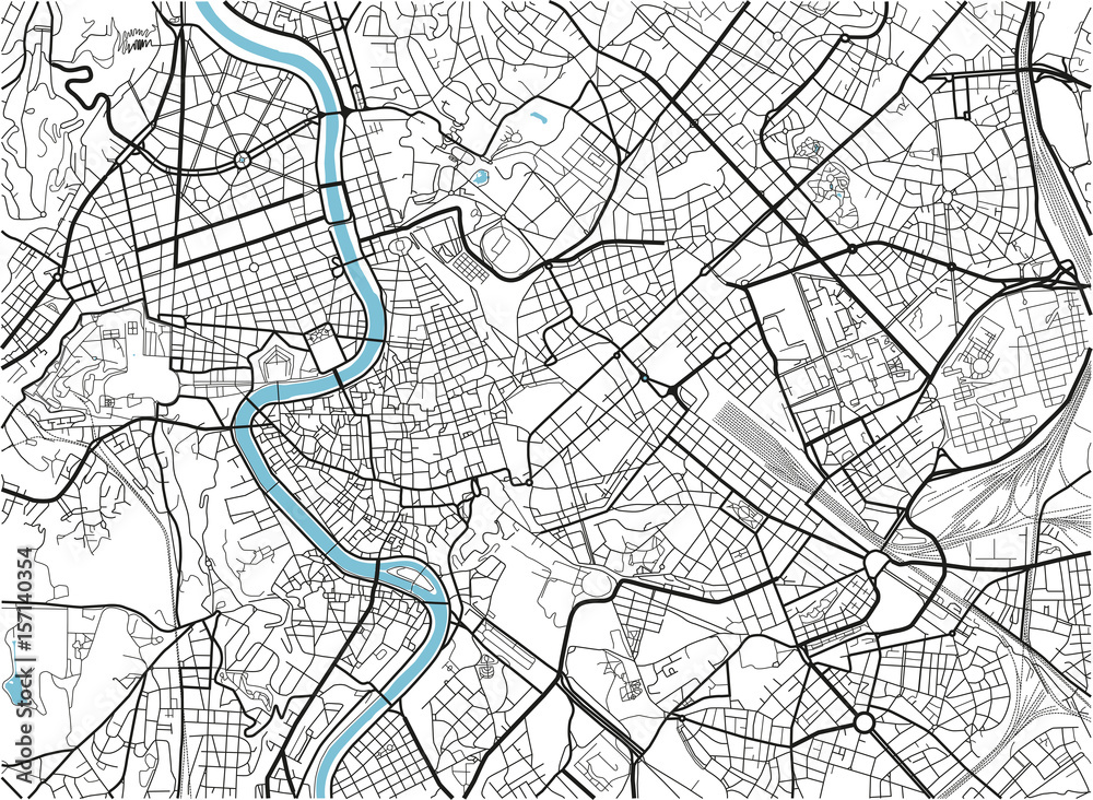 Obraz premium Czarno-biała mapa miasta Rzym z dobrze zorganizowanych oddzielnych warstw.