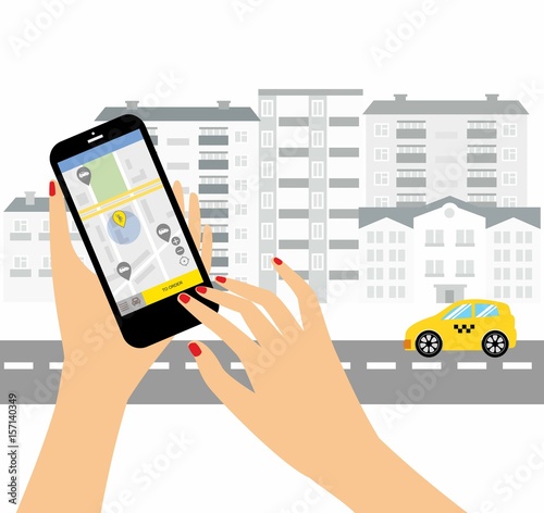 Taxi service. Smartphone and touchscreen, city skyscrapers.Transportation network app, calling a cab by mobile phone concept.