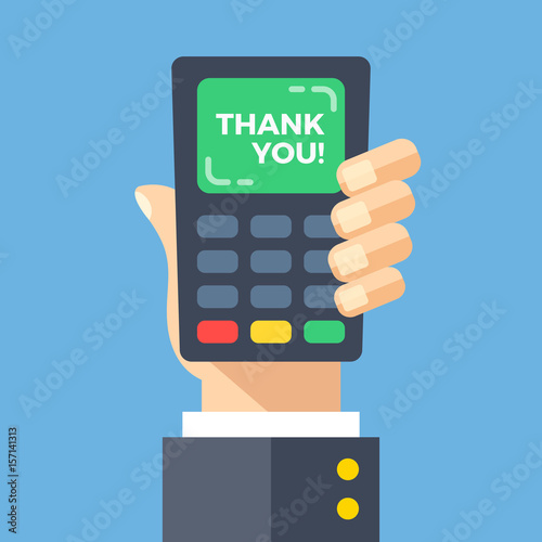 Credit card machine with thank you words. Hand holding point of sale, pos, payment terminal with gratitude to customer on screen. Thanks concept. Modern flat design vector illustration