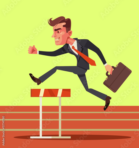 Happy smiling businessman character jumping over hurdle obstacles. Business success. Vector flat cartoon illustration