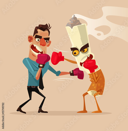Angry man fights with cigarette characters and trying quit smoking. Vector flat cartoon illustration